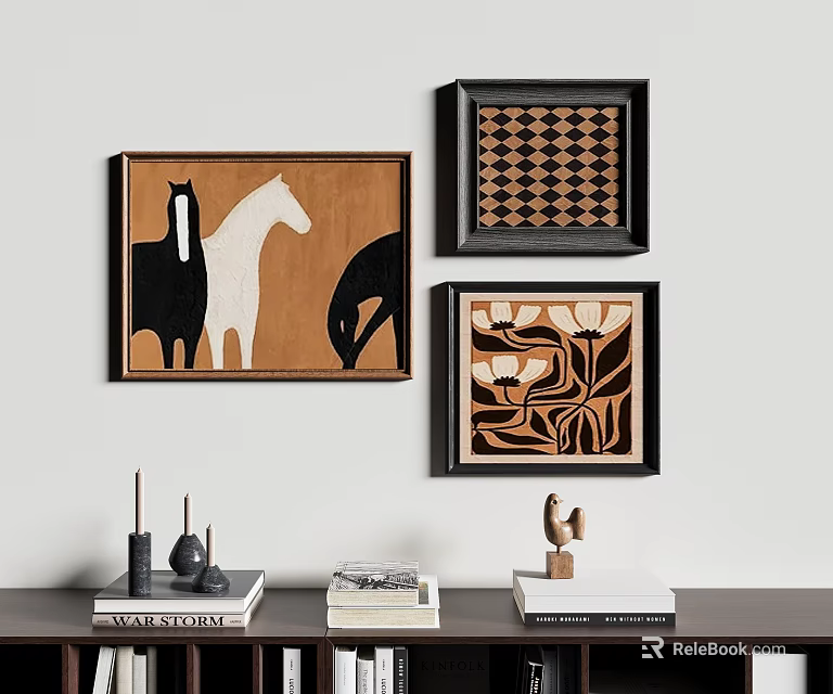 Stylish Photo Wall Decor With Horse Artwork Geometric Pattern And Floral Design Frames 3d model