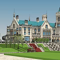 Elegant Detached Villa With Blue Roof White Exterior Grand Steps And Lush Lawn