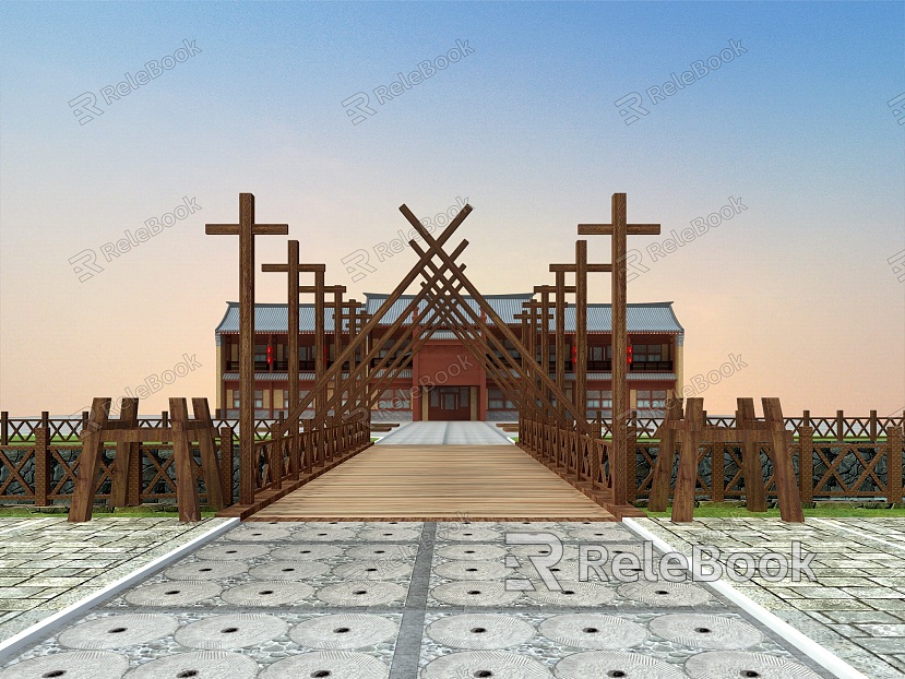 Chinese Landscape Bridge Military Culture Military Village Entrance model