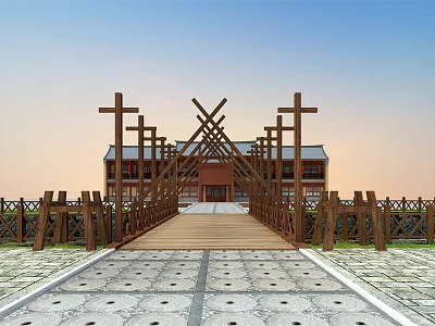 Traditional Wooden Landscape Bridge With Crossed Beams Ancient Building And Stone Slab Path 3d model