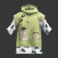 Green Hooded Vest With Front Cartoon Prints Back Cat Design And White Patterned Sleeves
