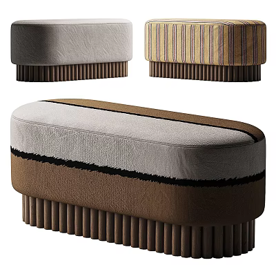 Modern Sofa Bench Featuring Gray Brown And Striped Upholstery With Vertical Wooden Slats Design 3d model