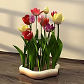 Colorful Floral Display With Red Yellow Purple Tulips In Unique Ceramic Pot On Wooden Table