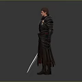 Man In Dark Medieval Armor Holding Sword With Intricate Shoulder Plates And Cape