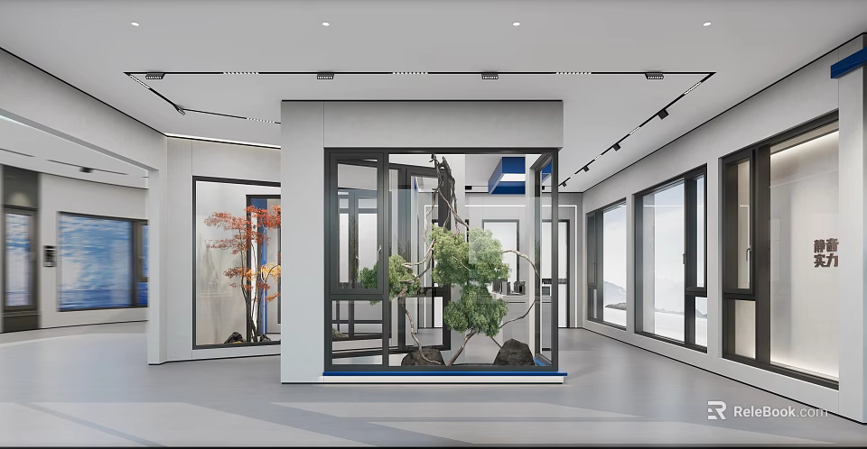 Modern Doors And Windows Showroom With Glass Display Green Plants And Contemporary Design 3d model 