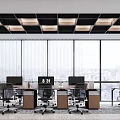 Modern Public Office Space With Desks Computers Large Windows City View And Green Plants