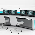 Round Office Desk with Multiple Monitor Screens and Ergonomic Chairs in Control Room Setup