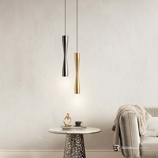 Twisted Silver and Gold Pendant Lights in Living Room with Small Table Decor and Coffee Cup 3d model 