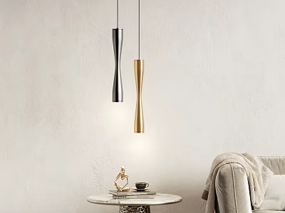 Twisted Silver and Gold Pendant Lights in Living Room with Small Table Decor and Coffee Cup 3d model