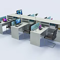 Modern Office Desk Workstation Setup With Multiple Computers Chairs Partition Panels And Filing Cabinets 3d model