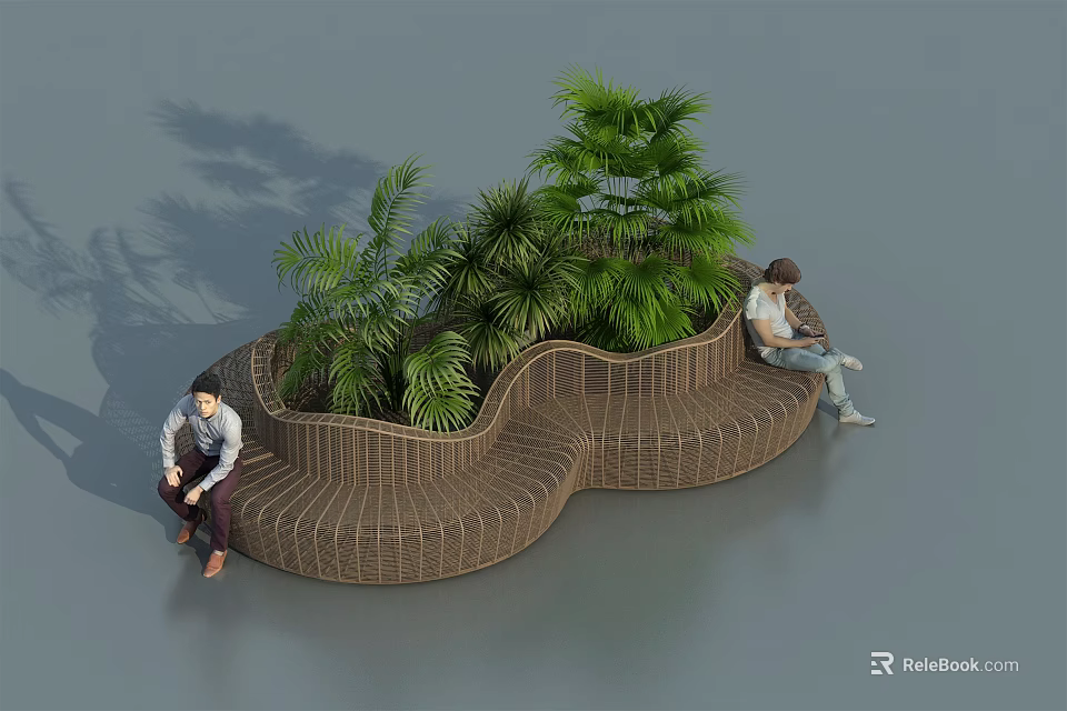 Curved Woven Landscape Seating With Lush Green Plants For Outdoor Relaxation 3d model 