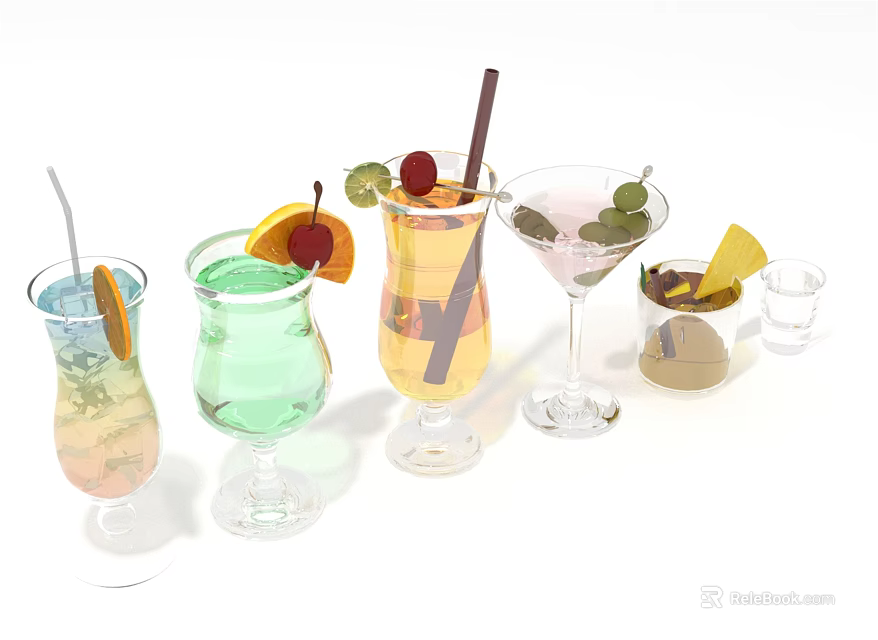 Stylish Wine Bottles and Glasses with Assorted Shapes Fruit Garnishes and Decorative Straws 3d model 