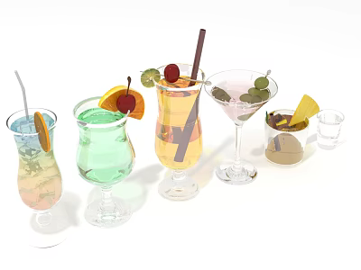 Stylish Wine Bottles and Glasses with Assorted Shapes Fruit Garnishes and Decorative Straws 3d model