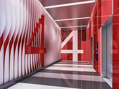 Elevator Hallway Featuring Red White Wavy Decorations Number 4 and Black White Striped Floor 3d model