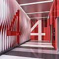 Elevator Hallway Featuring Red White Wavy Decorations Number 4 and Black White Striped Floor
