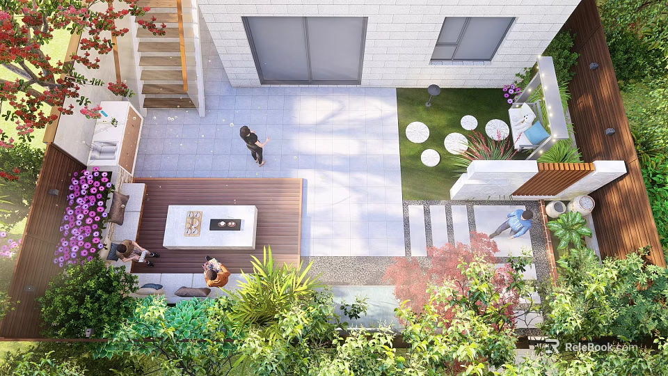 Tranquil Garden Space With Lush Green Plants Outdoor Seating Stone Pathway And Colorful Flowers 3d model 