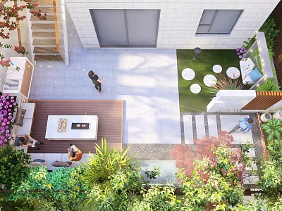 Tranquil Garden Space With Lush Green Plants Outdoor Seating Stone Pathway And Colorful Flowers 3d model