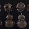 Three Gourd Shaped Sculptures With Carved Patterns And Knotted Rope Decorations