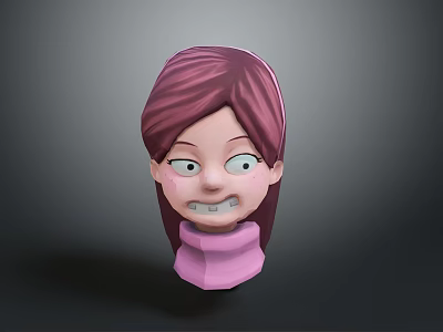 3D Cartoon Character Head Model With Purple Hair Big Eyes And Pink Turtleneck 3d model