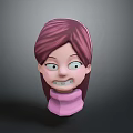 3D Cartoon Character Head Model With Purple Hair Big Eyes And Pink Turtleneck
