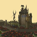 Cartoon Scene Featuring Tall Castle Angel Statue Wall and Green Mountains
