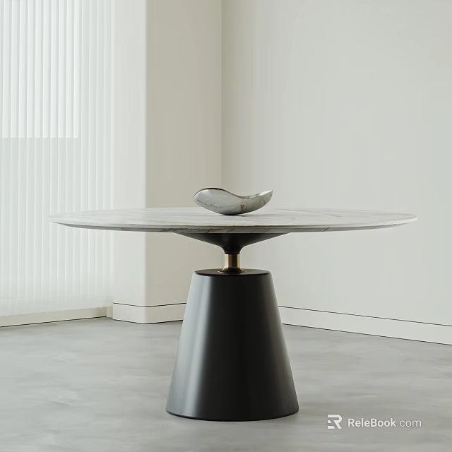 Round Marble Top Dining Table With Black Conical Base Gold Accent And Decorative Bird Ornament 3d model 