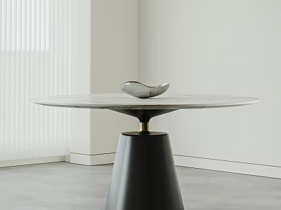 Round Marble Top Dining Table With Black Conical Base Gold Accent And Decorative Bird Ornament 3d model