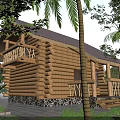 Detached Wooden Log Villa With Stone Base Steps And Surrounding Trees Greenery