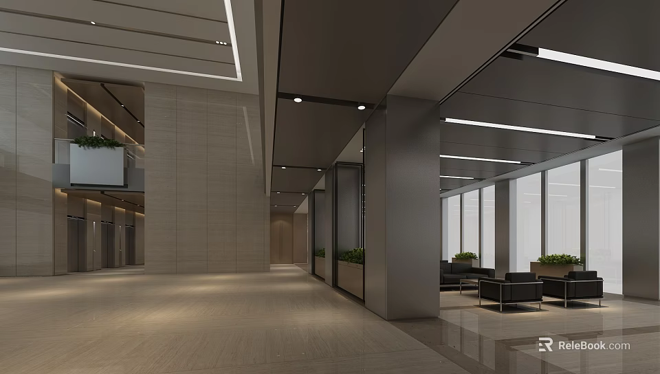 Modern Elevator Hallway Interior With Spacious Design Lighting Marble Walls Green Plants And Rest Seating 3d model 