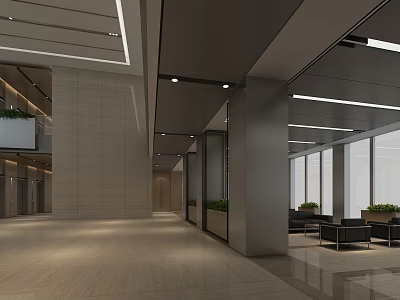 Modern Elevator Hallway Interior With Spacious Design Lighting Marble Walls Green Plants And Rest Seating 3d model