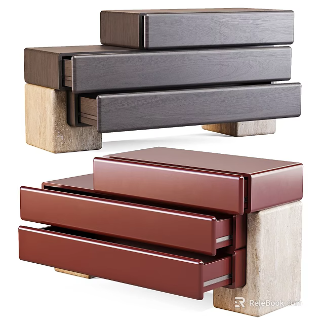 Stylish Modern Nightstand with Multiple Wooden Red Drawers and Marble Base 3d model 