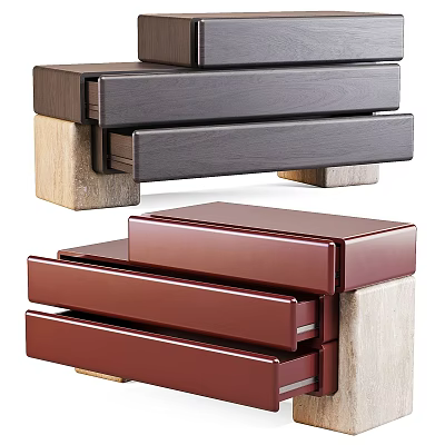 Stylish Modern Nightstand with Multiple Wooden Red Drawers and Marble Base 3d model