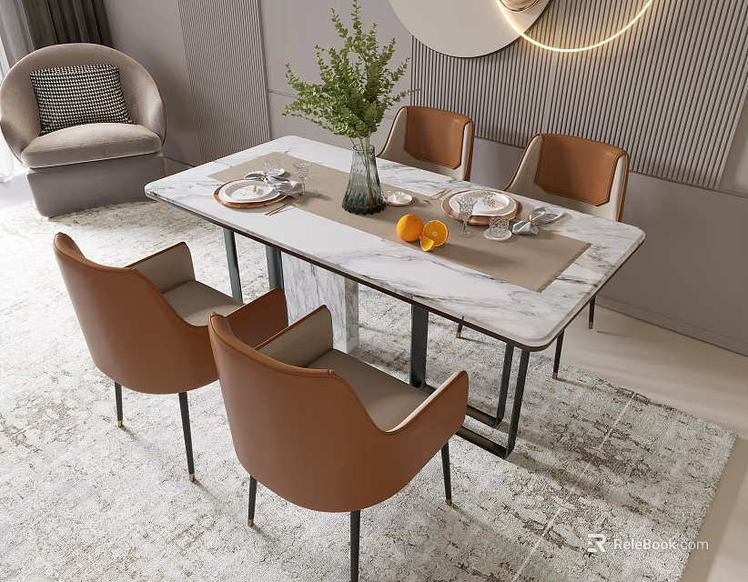 Modern Dining Table Set with Brown Chairs Marble Top Green Plant Oranges Tableware 3d model