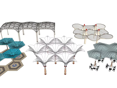 Diverse Modern Pergola Designs with Geometric Roof Structures Support Columns and Artistic Canopies 3d model