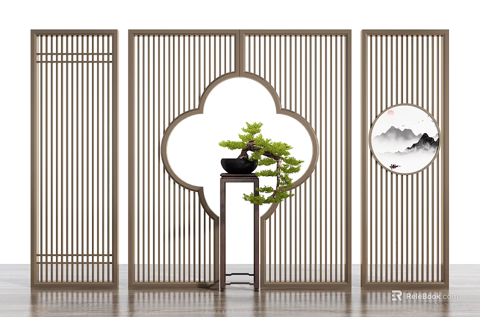 Wooden Room Divider With Vertical Slats Decorative Hollow Design And Potted Plant Landscape Painting 3d model 