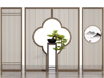 Wooden Room Divider With Vertical Slats Decorative Hollow Design And Potted Plant Landscape Painting 3d model