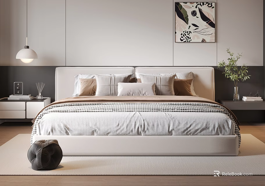 Modern Double Bed with Soft Upholstered Headboard Plush Pillows Wall Art and Area Rug 3d model 