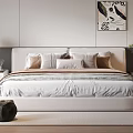 Modern Double Bed with Soft Upholstered Headboard Plush Pillows Wall Art and Area Rug