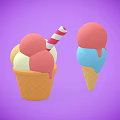 Colorful Ice Cream Cones With Multiple Scoops And Melting Toppings On Purple Background
