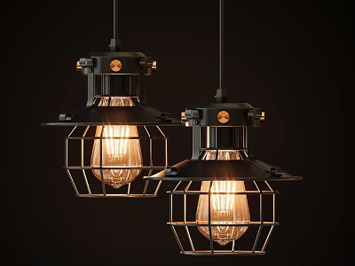 Two Industrial Pendant Lights With Cage Design And Exposed Filament Bulbs 3d model