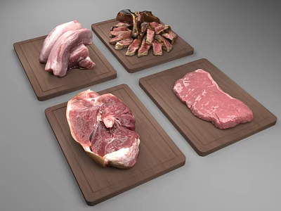 Different Types of Fresh Raw Meat Cuts on Wooden Cutting Boards 3d model