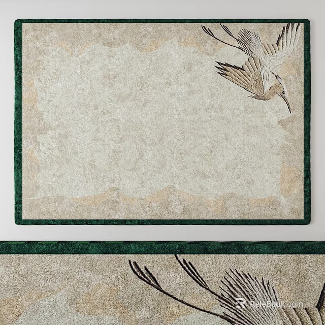 Elegant Square Rug With Green Border Beige Background And Crane Pattern 3d model