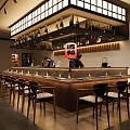 Cozy Traditional Japanese Restaurant Interior With Spacious Wooden Bar Counter Comfortable Seats And Sake Displays