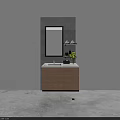 Modern Minimalist Bathroom Vanity With Wooden Cabinet Light Countertop Mirror And Yellow Flowers