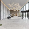 Modern Hotel Lobby Interior Design With Reception Desks Decorative Wall Lighting Plants And Staff