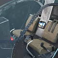 Black Helicopter with Transparent Cockpit Brown Seats and Red Mounted Equipment