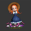 Cute Red Hair Girl In Straw Hat And Blue Dress Among Pink White Purple Flowers