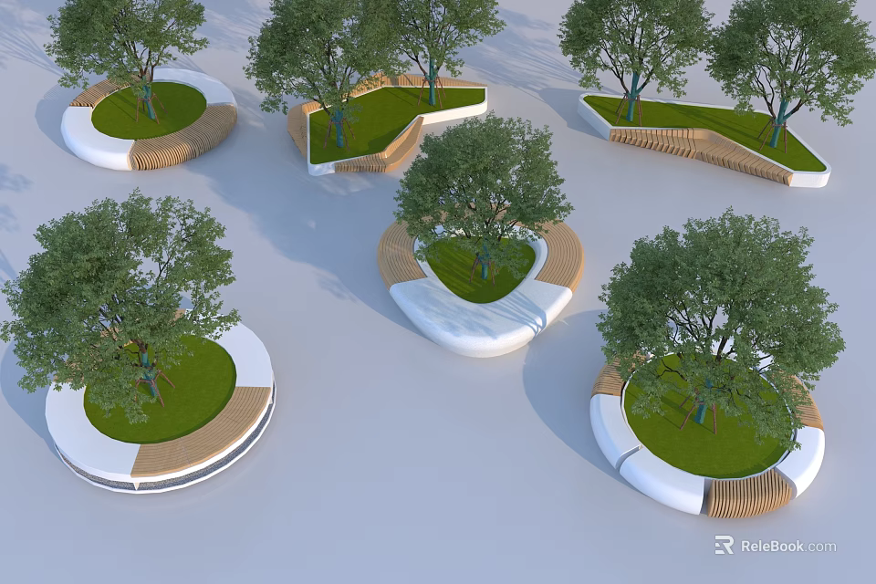 Modern Circular Tree Planters With Wooden Frames Green Grass And Seating Design 3d model