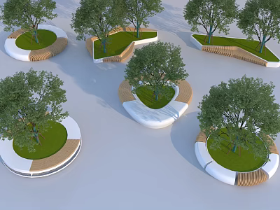 Modern Circular Tree Planters With Wooden Frames Green Grass And Seating Design 3d model