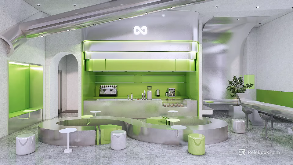 Modern Bubble Tea Shop Interior Design With Green Counter And Silver Decor 3d model 
